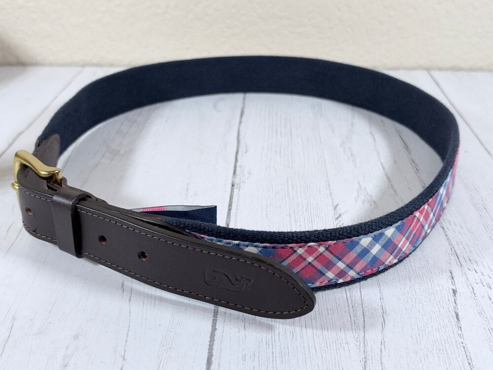 Vineyard Vines Red Blue Plaid Brown Leather Belt Men's Size 36 Excellent Preppy